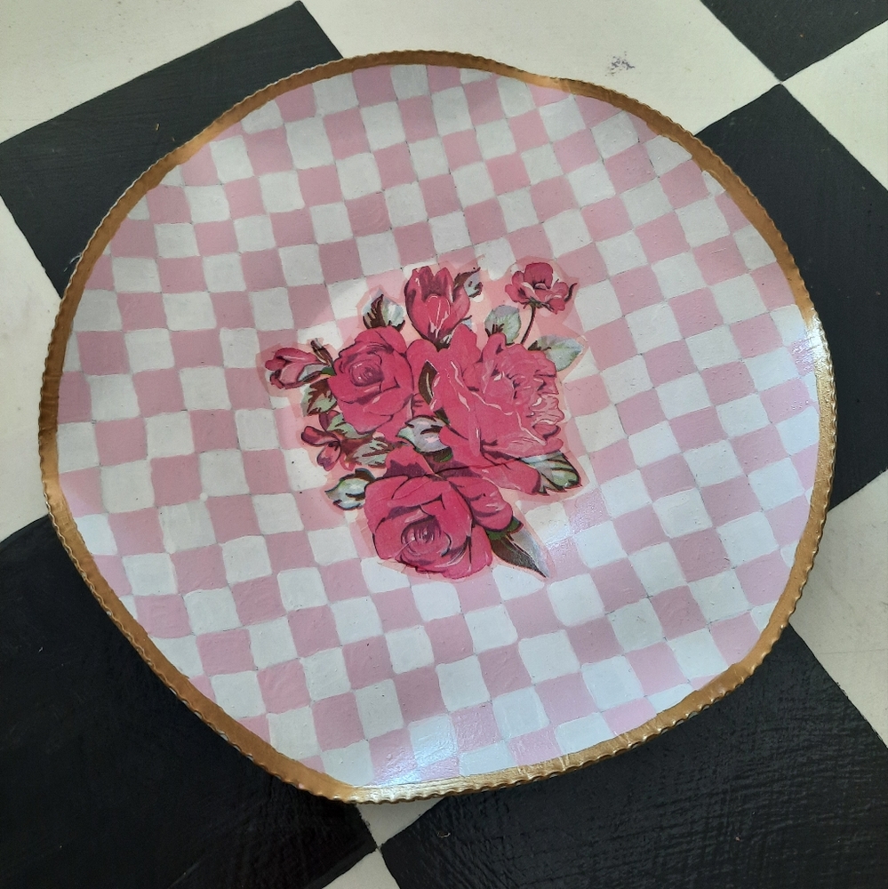 Upcycled vtg metal dish 9" hand painted pink checks roses girly decor
